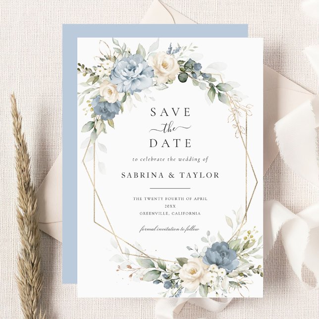 Convite Floral Dusty Blue Greenery Wedding Save The Date (Criador carregado)