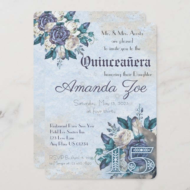 Convite Floral Dusty Blue Mis Quince (Frente/Verso)