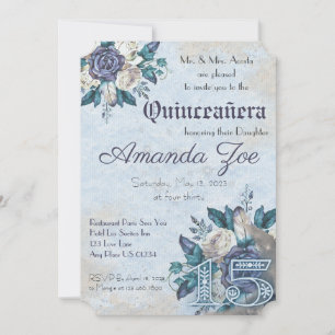 Convite Floral Dusty Blue Mis Quince