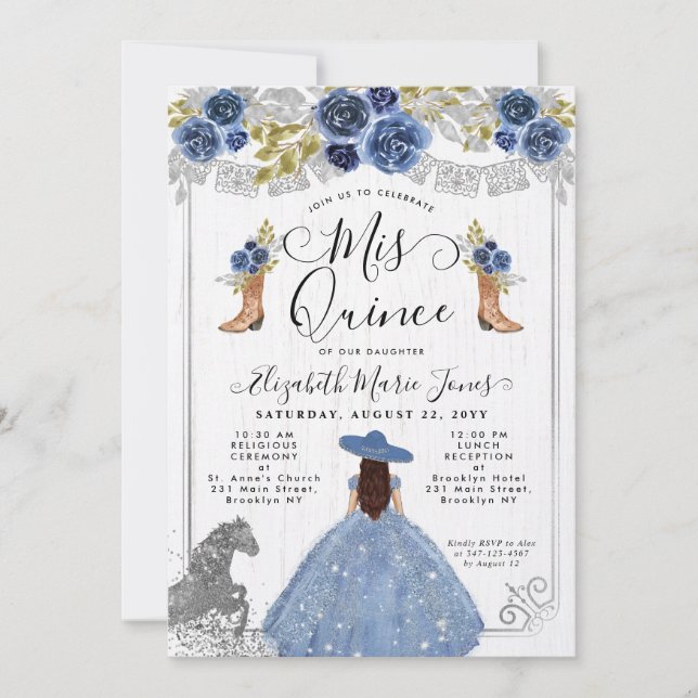 Convite Floral Dusty Blue Silver Horse Charra Quinceanera (Frente)