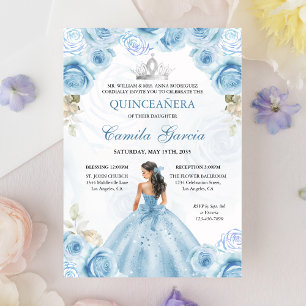 Convite Floral Dusty Blue & Silver Princess Quinceañera