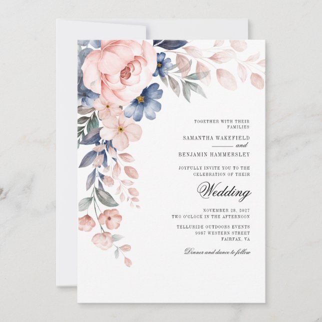Convite Floral Dusty Blue Watercolor Bloom Wedding (Frente)