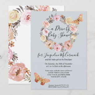 Convite Floral Dusty Blue Wreath Butfly Drive Por Chá
