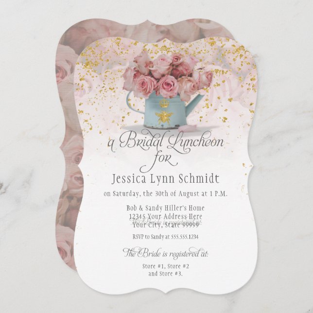 Convite  Floral Dusty Rosa Dourada Elegante Bridal Luncheo (Frente/Verso)