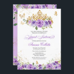 Convite Floral e Borboleta Roxo Doce 16 Aniversário<br><div class="desc">Doce 16 convites em tons lilás e lavandas de púrpura com borboletas de ouro e uma bela tiara. Visite o compro para obter mais variações,  incluindo garotas em vestidos com tons de pele diferentes e combinações de cores. Também uma versão Quinceanera desta design.</div>
