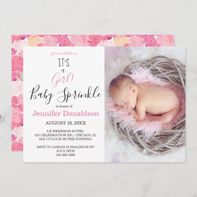 Convite Floral é uma garota! Pink Photo Baby Sprinkle (Frente/Verso)