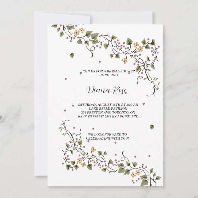 Convite floral e videiras minimalista verde (Frente)