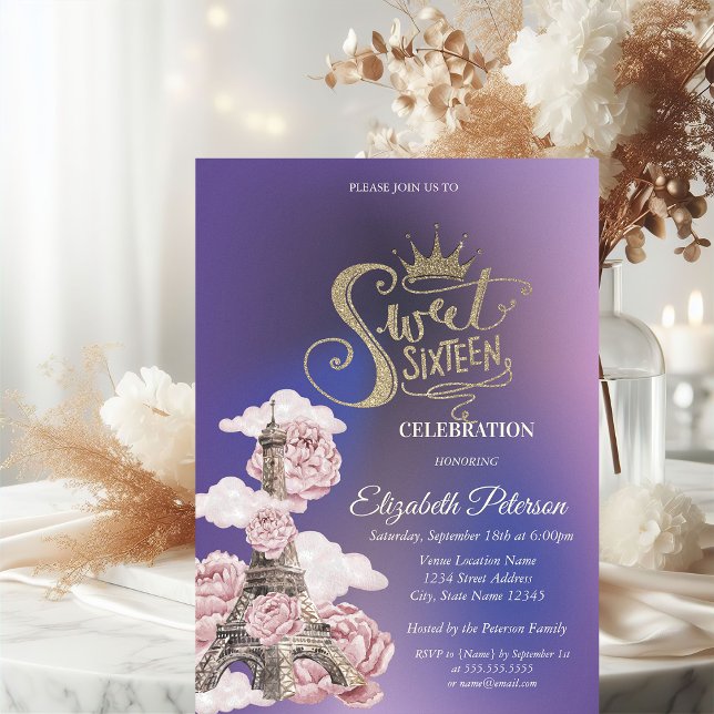 Convite Floral Eiffel Tower Violet Sweet 16 (Criador carregado)