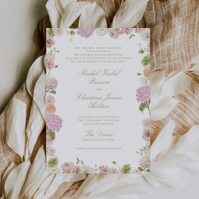 Convite Floral Elegance Pink Green Frame Wedding (Criador carregado)