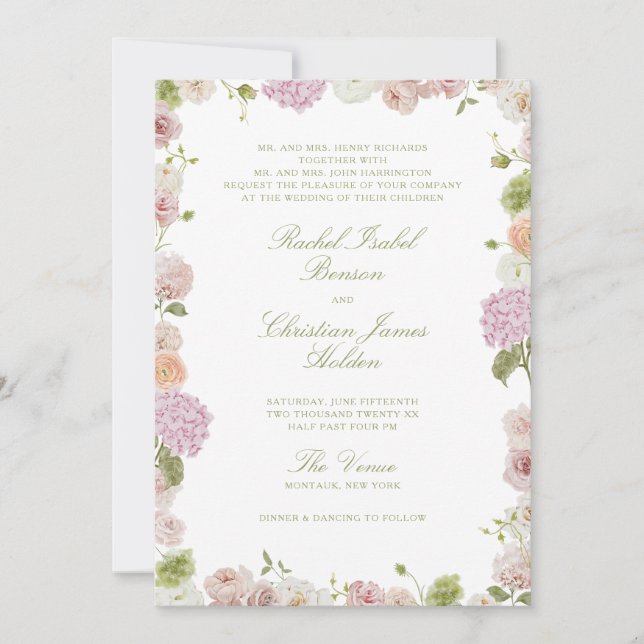 Convite Floral Elegance Pink Green Frame Wedding (Frente)