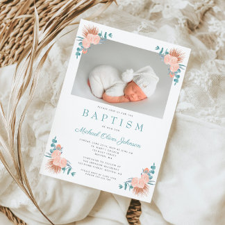 Convite Floral Elegant Boy Photo Baptism