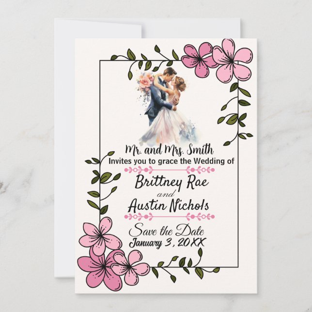Convite Floral Elegant Couple Wedding Invitation (Frente)
