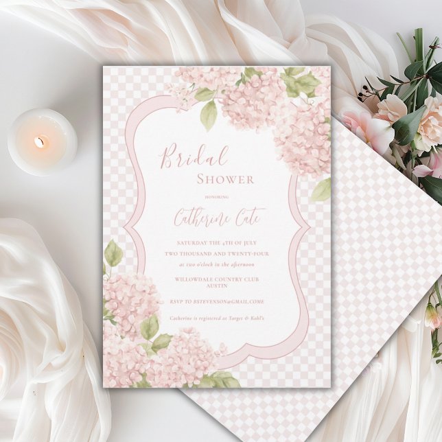 Convite Floral Elegant Pink Hydrangea Plaid Bridal Shower (Criador carregado)