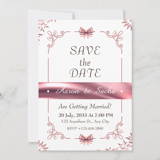 Convite Floral Elegant Save The Date Rose Gold Wedding (Frente)