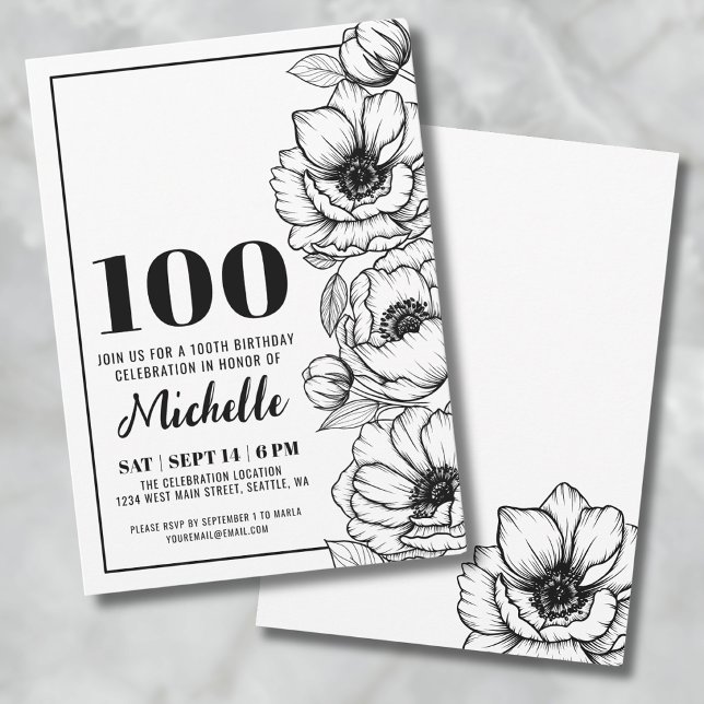 Convite Floral Elegante 100º Aniversário (Elegant Floral 100th Birthday Invitation)