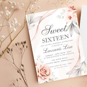 Convite Floral Elegante Brilho Doce Dezesseis 16 Aniversár