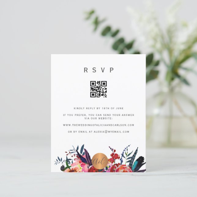 Convite floral elegante código QR orçamento RSVP (Em pé/Frente)