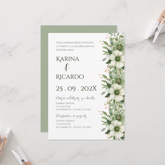 Convite floral elegante com casamento de design romântico (Frente/Verso In Situ)