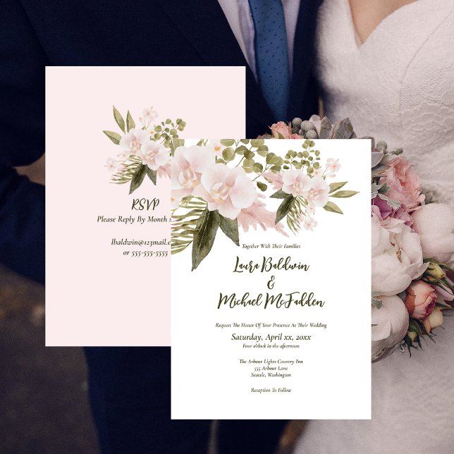 Convite Floral Elegante Cor-de-Rosa Esbranquiçada com RSVP (Elegant Boho Blush Pink Wedding with RSVP Invitation)