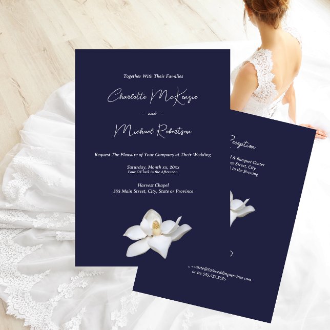 Convite Floral Elegante da Magolia Branca no Casamento do  (Navy and White Magnolia Elegant Floral Wedding Invitation)