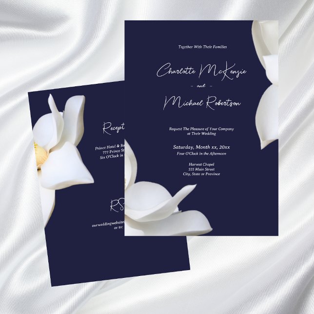 Convite Floral Elegante da Magolia Branca no Casamento do  (White Magnolia Elegant Floral on Navy Wedding Invitation)
