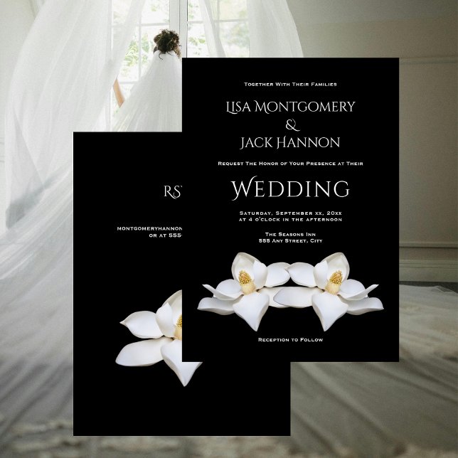 Convite Floral Elegante da Magolia Branca no Casamento Neg (White Magnolia Elegant Floral on Black Wedding Invitation)