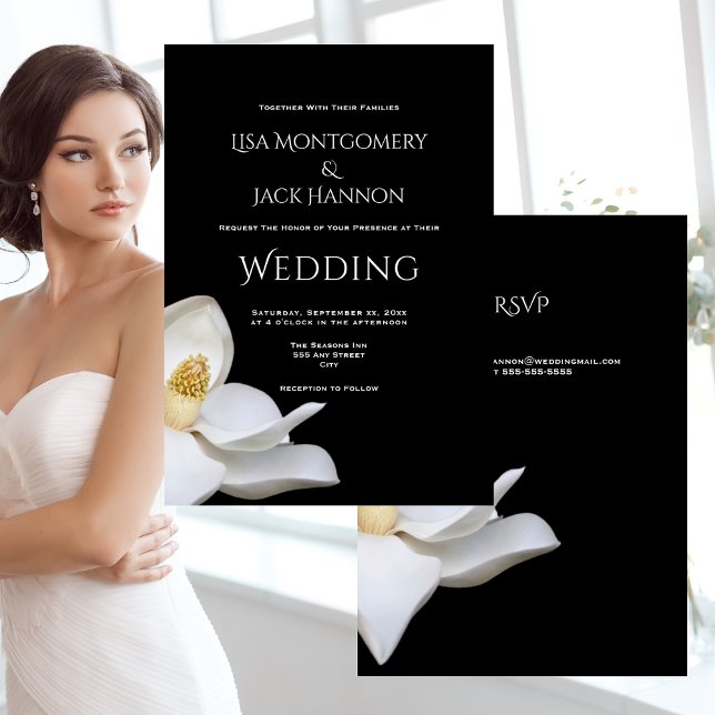 Convite Floral Elegante da Magolia Branca no Casamento Neg (White Magnolia Elegant Floral on Black Wedding Invitation With RSVP)