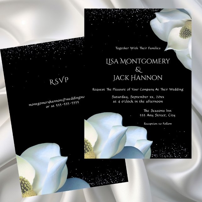 Convite Floral Elegante da Magolia Branca no Casamento Neg (White Magnolia Elegant Floral on Black Wedding Invitation - Confetti)