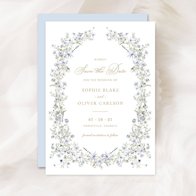 Convite Floral Elegante Dusty Blue Wreath Salvar a Data (Criador carregado)