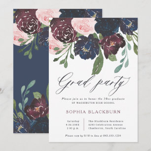 Convite Floral Elegante  Marinho Blue and Plum Formando Pa
