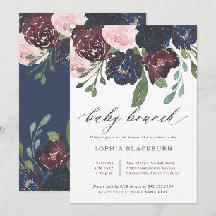 Convite Floral Elegante  Marinho Blue e Plum Baby Brunch
