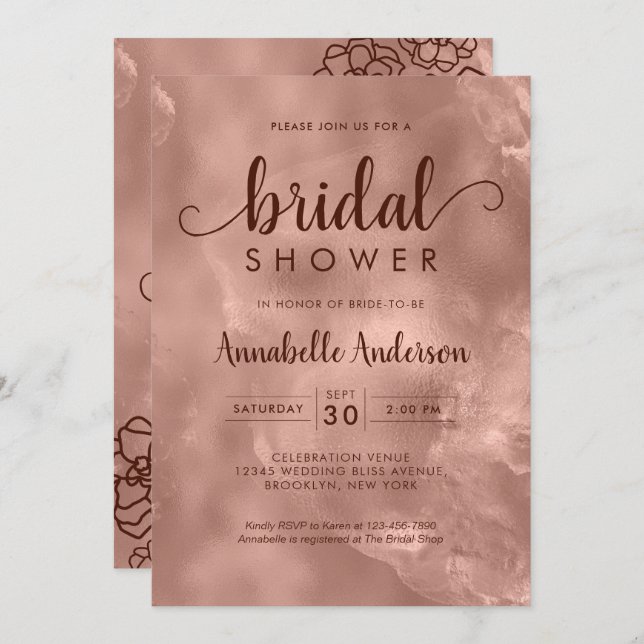 Convite Floral Elegante Metálico Dourado Rosa chá de panel (Frente/Verso)