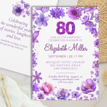 Convite Floral Elegante para 80º Aniversário Roxo