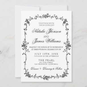 Convite Floral Elegante Preto e Branco Botânico Casamento