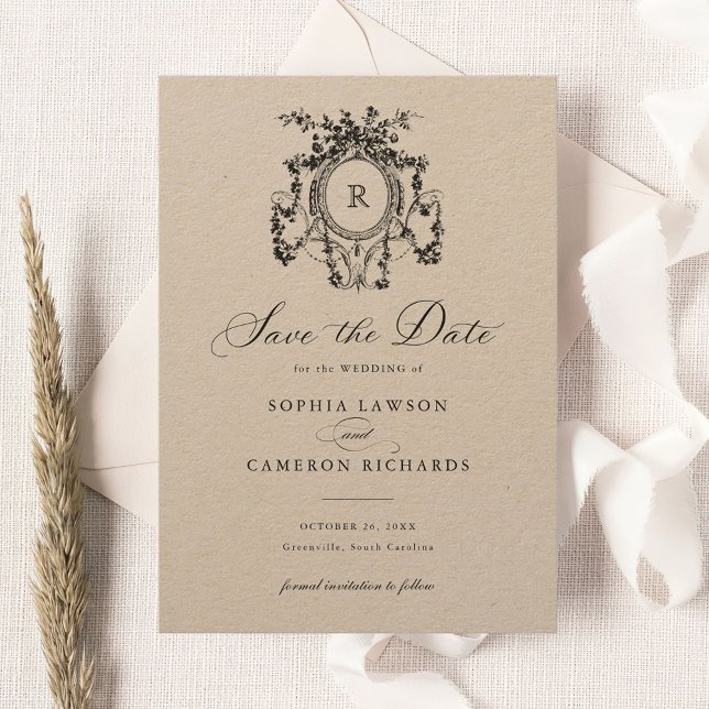 Convite Floral Elegante Rosas Franceses Crest Kraft Data d (Criador carregado)