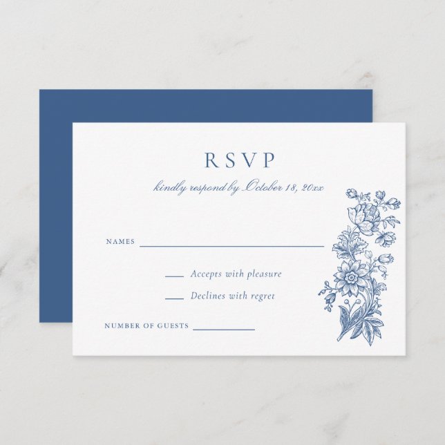 Convite Floral Elegante Vintage Blue Wedding RSVP (Frente/Verso)
