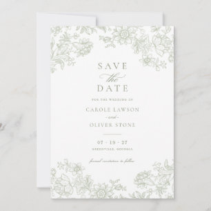 Convite Floral Elegante Vintage Verde Salve a Data