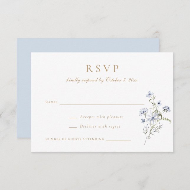 Convite Floral Elegante Wildflower Dusty Blue Weding RSVP (Frente/Verso)