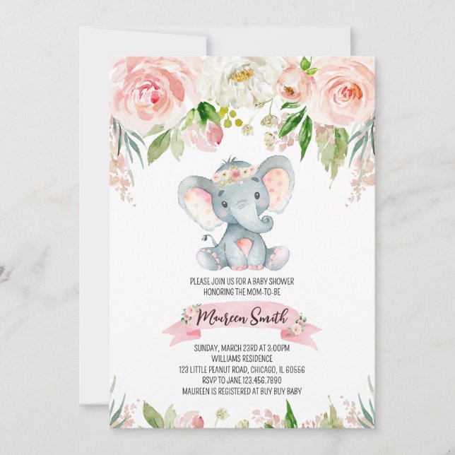Convite Floral Elephant Baby Shower (Frente)