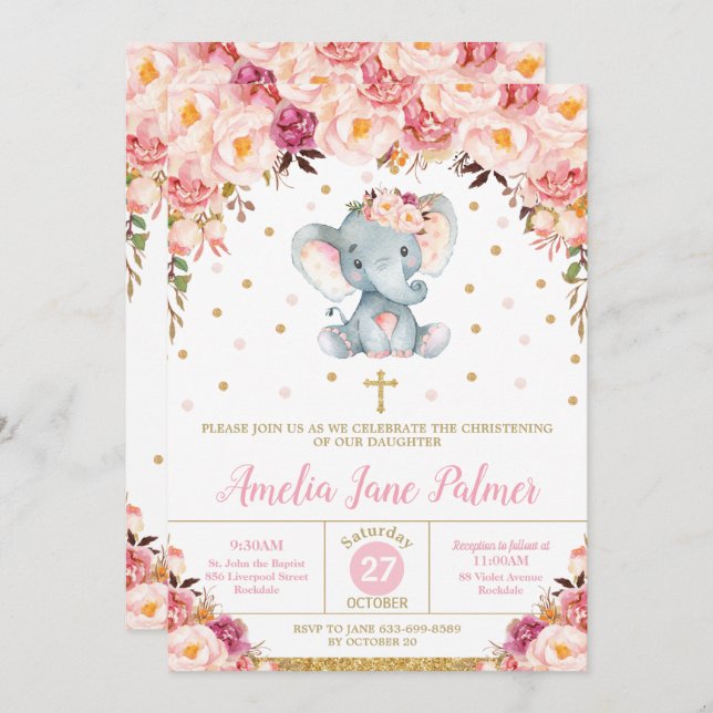 Convite Floral Elephant Christening Baptism Girl (Frente/Verso)