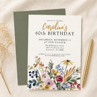 Convite Floral em Aquarela de Outono para 60º Aniversário