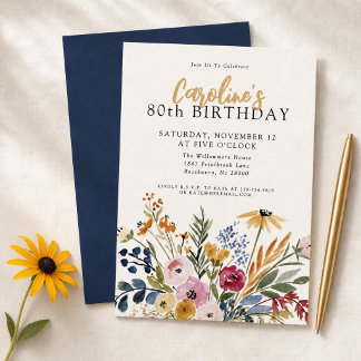 Convite Floral em Aquarela de Outono para 80º Aniversário