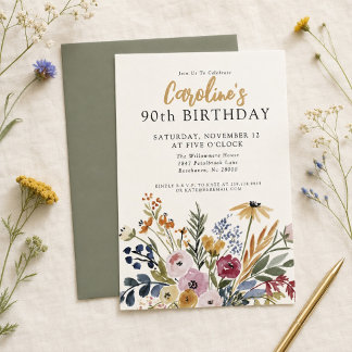Convite Floral em Aquarela de Outono para 90º Aniversário