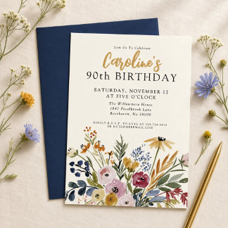 Convite Floral em Aquarela de Outono para 90º Aniversário