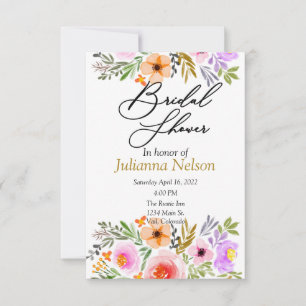 Convite floral em aquarela laranja e roxo