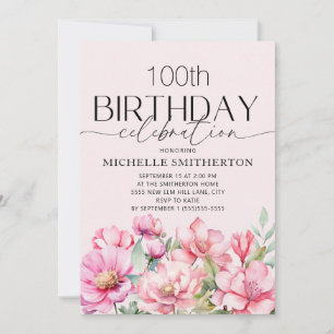 Convite Floral em Aquarela Rosa Aniversário de 100 anos