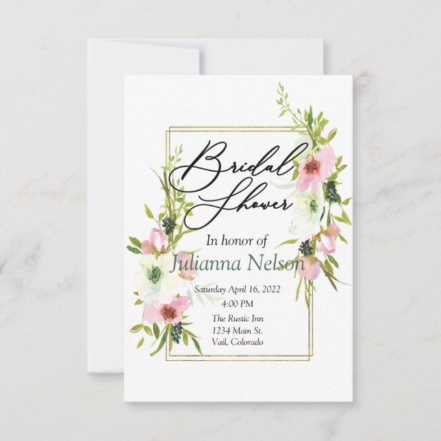 Convite floral em aquarela rosa e branco (Frente)