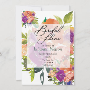 Convite floral em aquarela roxa e laranja