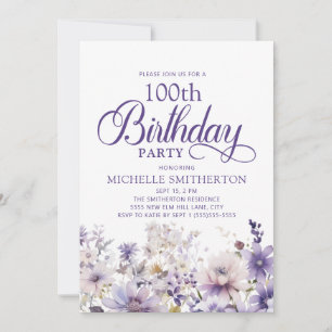 Convite Floral em Aquarela Roxo Aniversário de 100 anos