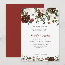 Convite Floral em Aquarela Verde Marrom Claro Vermelho Ind